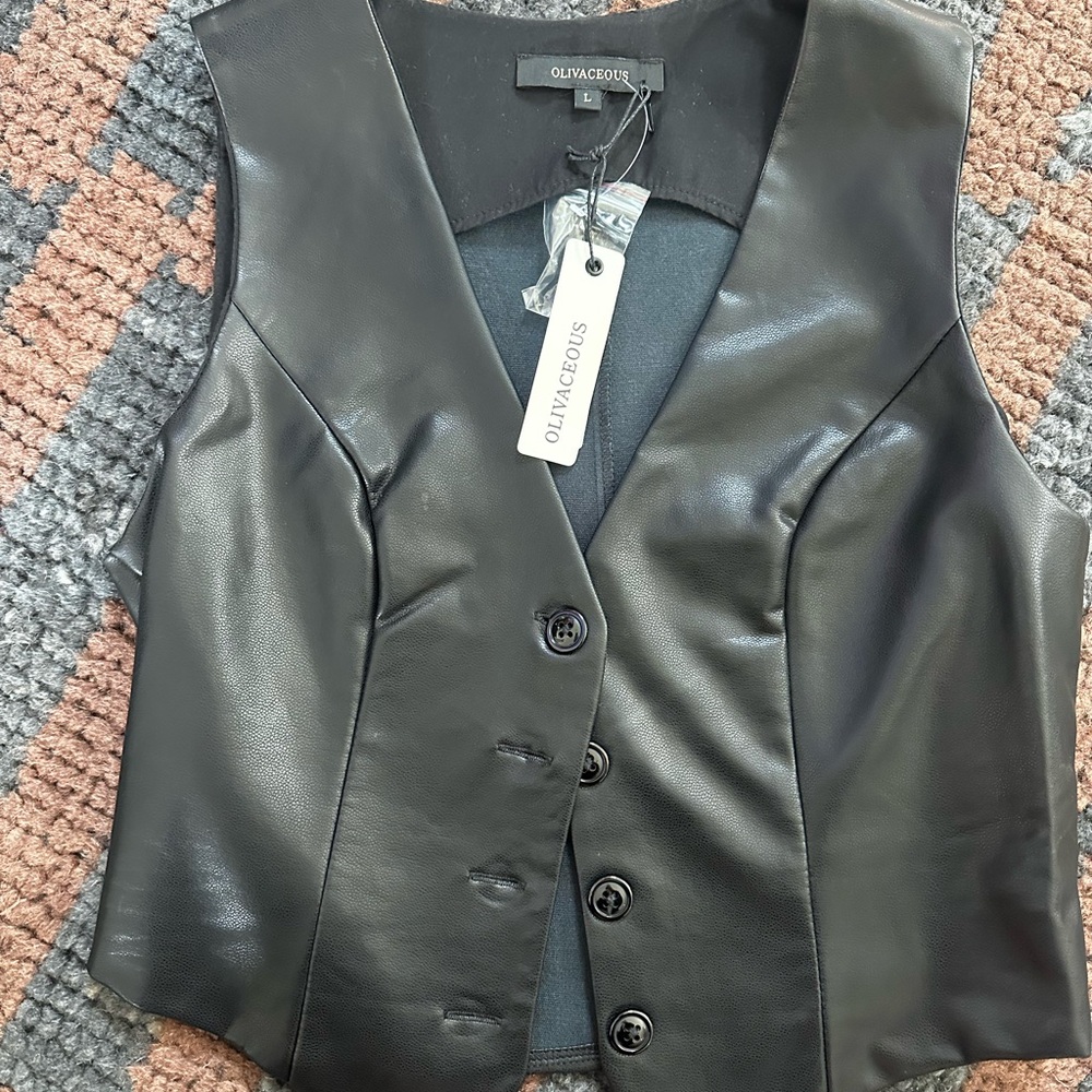 Olivaceous Sleek Pleather Black Button-Up Vest